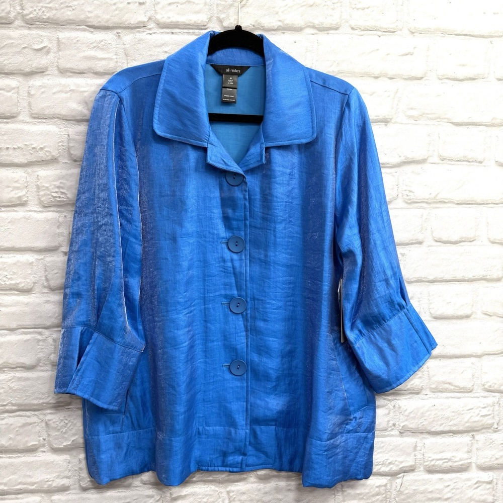 Ali Miles Woman Tunic Top Shirt Jacket Blue Shimmer Big Bone Button Classy NEW